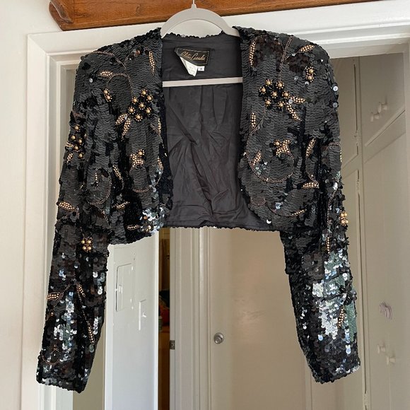 Eletra Casadei Tops - Vintage 1980s Eletra Casadei Black & Gold Sequin Beaded Shrug